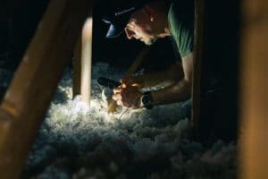 Man working in the dark attic of a house with a headlamp for the light source.