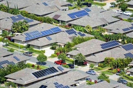 Aerial shot of solar-powered houses